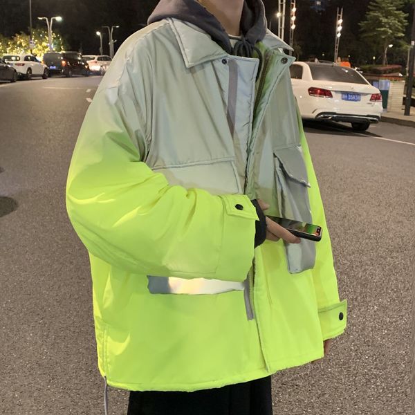 

зима толстого светоотражающей куртки мужской parka теплого вскользь полупальто мужчина streetwear свободного корейский негабаритные пальто м, Black