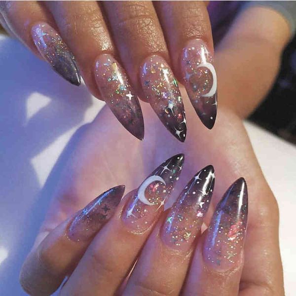 

false nails 24pcs/box long stiletto false nails halloween night design artificial fake with glue full cover nail tips press on 220225, Red;gold