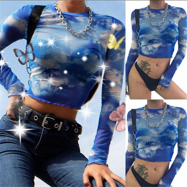

fashion women ladies see-through sheer mesh long sleeve t shirt summer casual slim print fishnet perspective crop blue, White