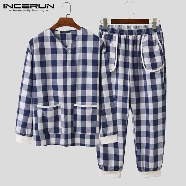 

men plaid pajamas sets homewear leisure long sleeve v neck nightwear pockets long pants cozy mens sleepwear suits incerun s-5xl, Black;brown