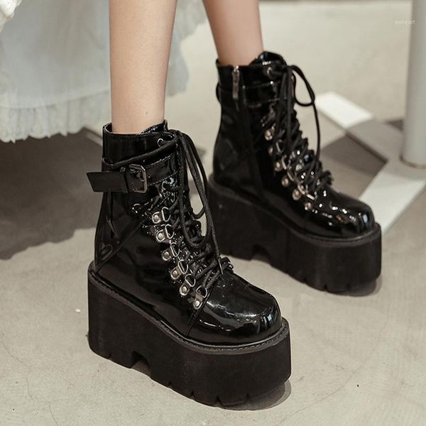 

boots platform round-toe patent leather women's lace-up winter shoes1, Black