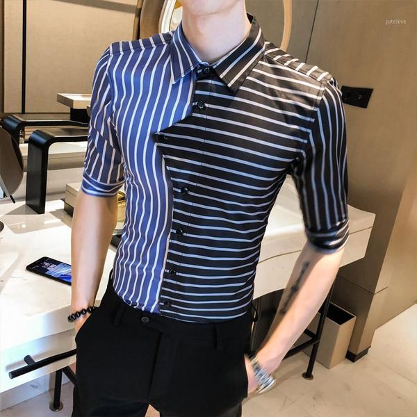 

personality striped men shirt 2020 summer casual slim fit short sleeve shirts men dress streetwear social nightclub party blusa1, White;black