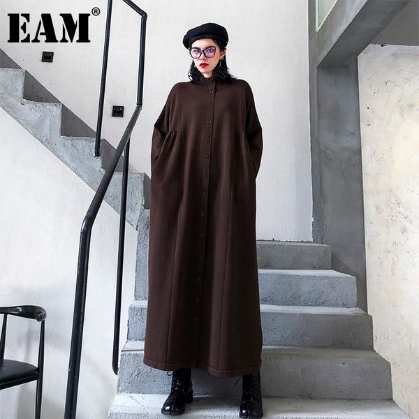 

[eam] women big size pleated long knitting dress new stand collar long sleeve loose fit fashion tide autumn winter 2020 1dd1059, Black;gray