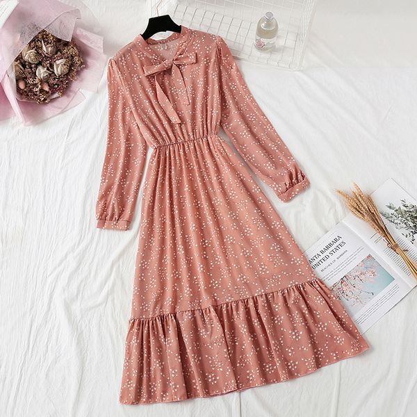 

2021 new dot print lady new fall line the long sleeve chiffon bow neck elastic ruffle waist dress h0079, Black;gray