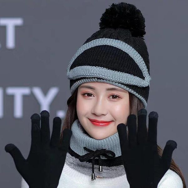 

4pcs womens winter scarf set thickend knitted hat scarf face cover gloves outdoor h9, Blue;gray