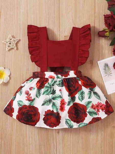 

baby girl floral print ruffle trim overall dress she, Red;yellow