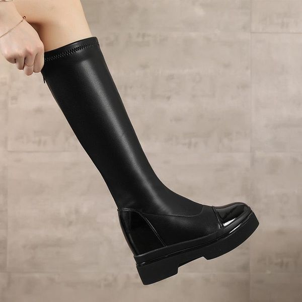 

boots women's knee high autumn 2021 european and american leather elastic, Black