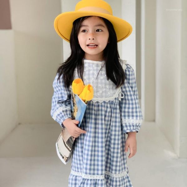 

2020 autumn new arrival girls fashion plaid long sleeve dress kids princess dress with lace vest1, Red;yellow