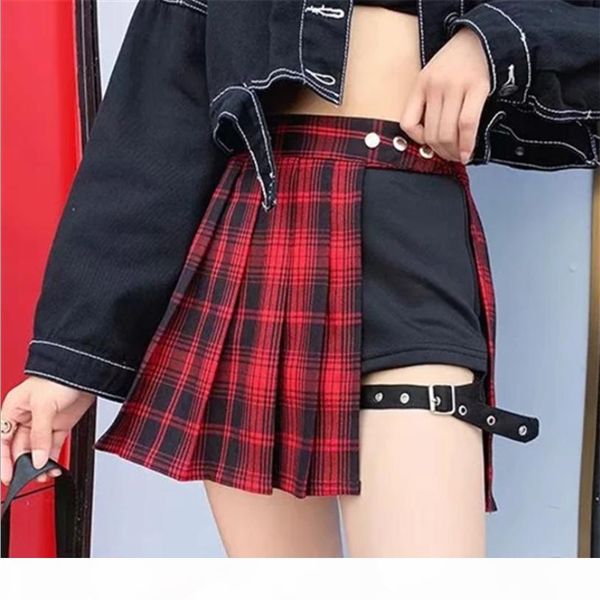 

qualityall match women short skirt fashion tartan red pleated skirts streatwear plaid side button skirt womens casual mini skirt, Red;black