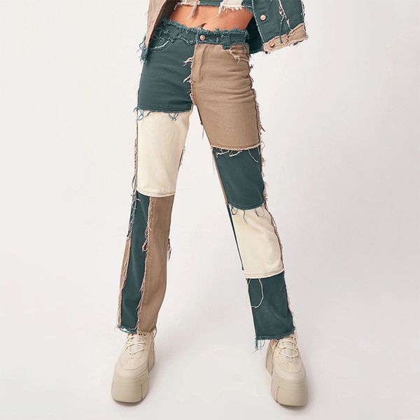 

color block high waist women jeans with pockets fashion streetwear slim ladies vintage trousers skinny denim jean pants, Blue