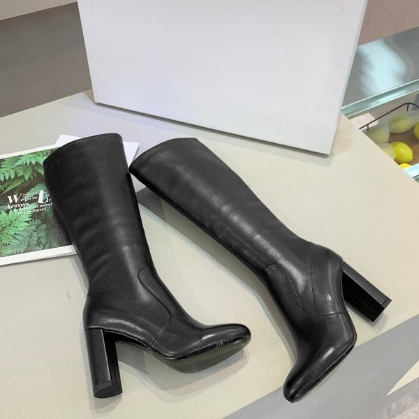 

boots fashion winter mid-calf women pure color round toe zipper thick 9cm square sole high heels vintage stylish, Black