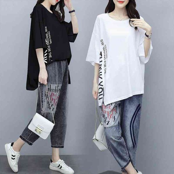 

womens two-piece suit summer round neck short-sleeved nine-point pants harlan jeans loose fashion suit female, White