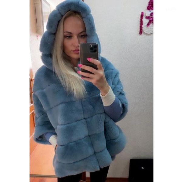 

women coat genuine rex fur coat jacket fashion batwing sleeves hood outwear, Black