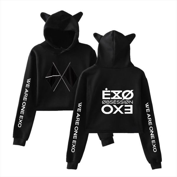 

kpop exo new album 2020 sixth album obsession we are one exo print fashion cat ears women hoodies sweatshirt clothes, Black