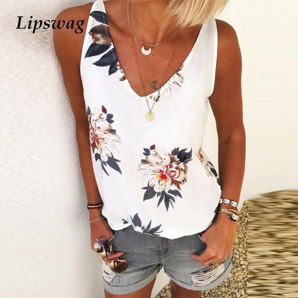 

women floral print sleeveless chiffon blouse shirt elegant summer v neck beach blouses 2020 casual plus size loose pullover1, White
