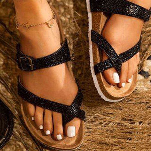

2022 new sandals, cork slippers, women's summer wear fashionable korean flat bottom herringbone slippers and beach shoes, Black