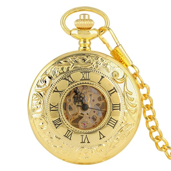 

luxury gold antique mechanical skeleton pocket watch double open side roman numbers pendant with fob chain reloj de bolsillo t200502, Slivery;golden