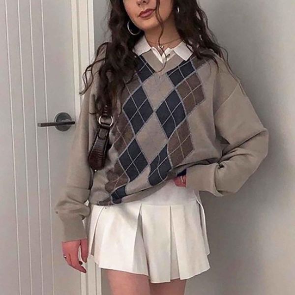 

autumn winter new woman sweaters preppy style light brown v neck diamond knitted sweater casual loose long sleeved top, White;black