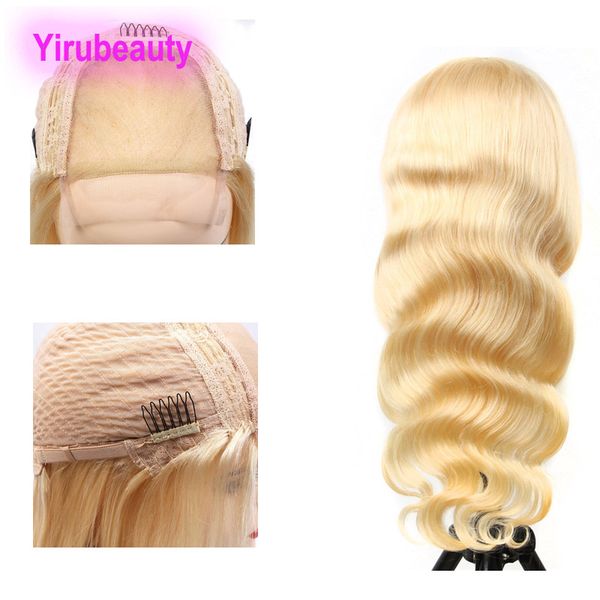 Cabelo humano indiano Blonde cor 12-32 polegadas 4x4 peruca frontal de renda com cabelos de bebê onda de onda corporal de polegada longa estilo reto