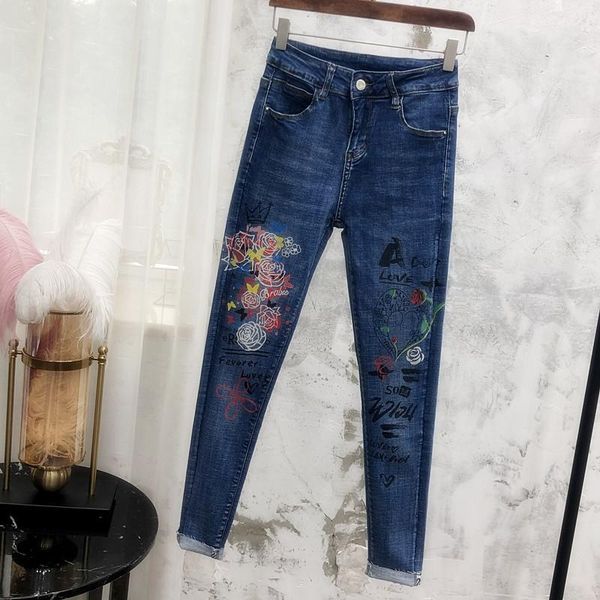 

women's jeans, print pencil jeans, lady stretch skinny pencil jeans pants, Blue