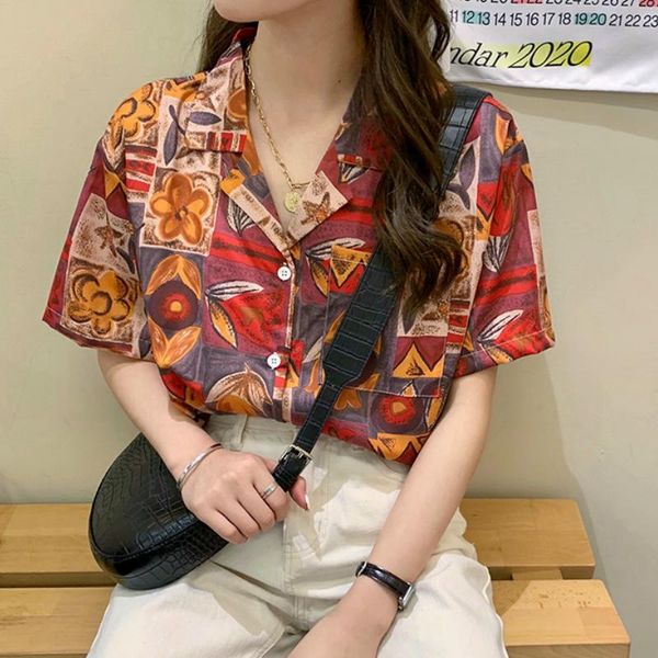 

блузки женщины напечатаны chic unisex ретро отовените воротник воротник красочные тонкие шифон лето короткие рубашки студенты harajuku new b, White;black