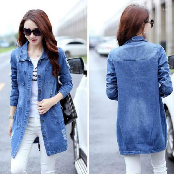 

s-5xl long jeans coats women slim ripped denim jacket basic loose thin elegant vintage frayed outwear large size windbreaker1, Tan;black