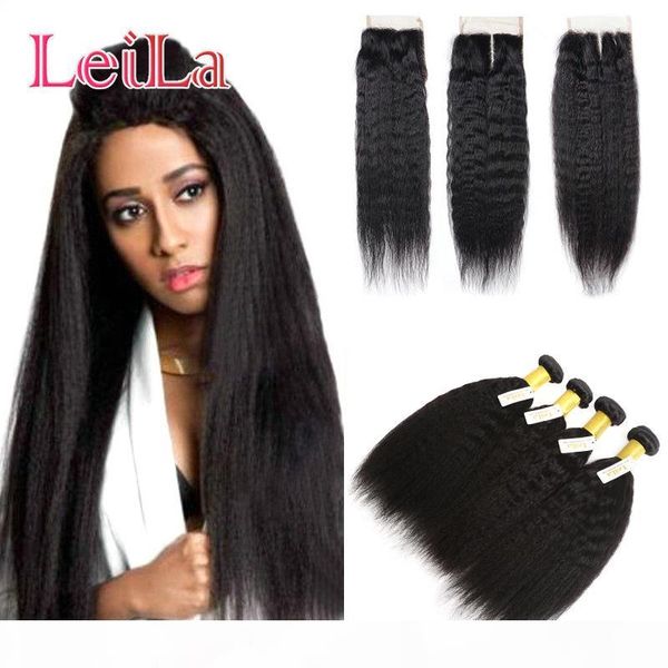 

full 4 bundles with lace closure malaysian kinky straight human hair 5 pieces coarse yaki full hair, Black;brown