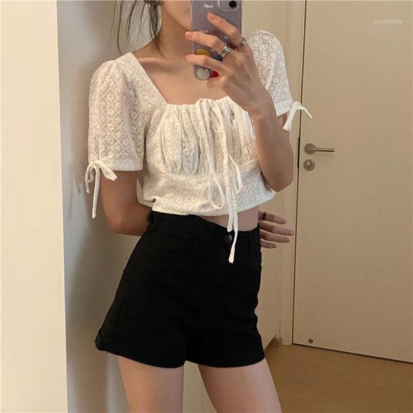 

women's shirts ulzzang japanese kawaii vintage embroidered square neck tie shirt female korean harajuku cute clothes for women1, White