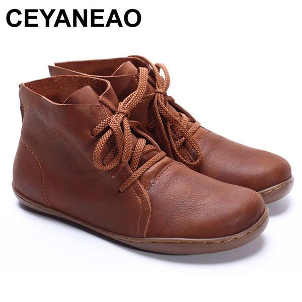 

ceyaneao women ankle boots plus size hand-made genuine leather woman boots round toe lace up shoes female footwear (5188-8), Black