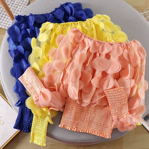 

2021 new summer fashionable three-dimensional flower sweet sleeve perspective mesh chiffon blouse women crop eeao, White