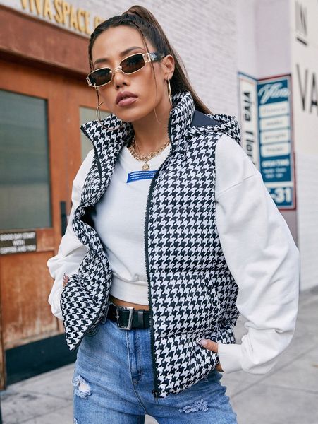 

houndstooth print hooded puffer vest coat 36h2#, Black