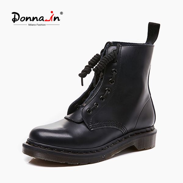 

donna-in genuine leather women ankle 2020 autumn zip closure pointed toe platform boots short plush female shoes q1104, Black