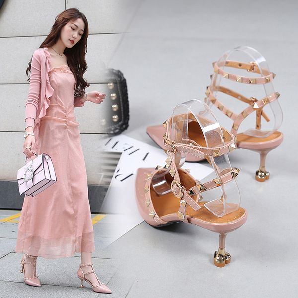 

red ins fashion shoes net red shoes children shoes pointed high heels rivet summer sandals 2020 new, Black