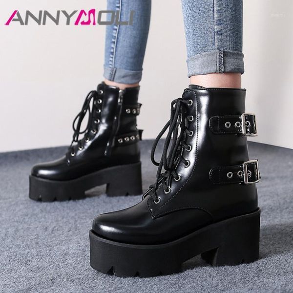 

boots annymoli motorcycle women shoes buckle platform high heel ankle zipper lace up block heels short winter black1, Black