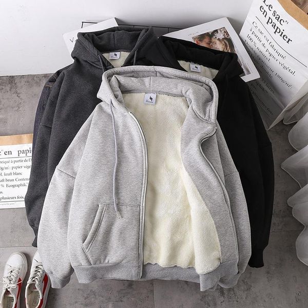 

2021 jacket women solid hoodies coat autumn winter lamb wool fleece loose plus sizes thick zipper female sweatshirt, Black;brown