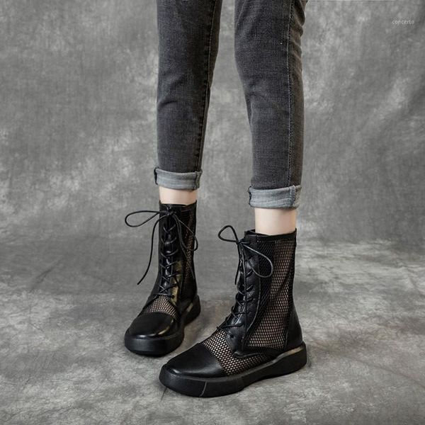 

summer footwear genuine women leather hollow out mid calf punk boots female lace up flat breathable platform high-mesh shoes1, Black