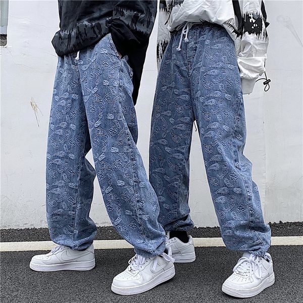 

control 52 korean ins trend jeans american cashew jacquard loose elastic waistband casual pants, Blue