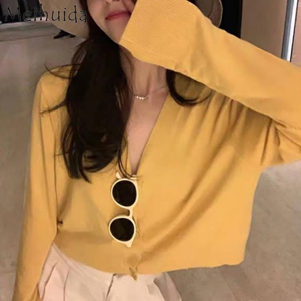 

women knit sweater cardigan outerwear solid color long sleeve v-neck loose casual style crop knitwear for female spring new, White