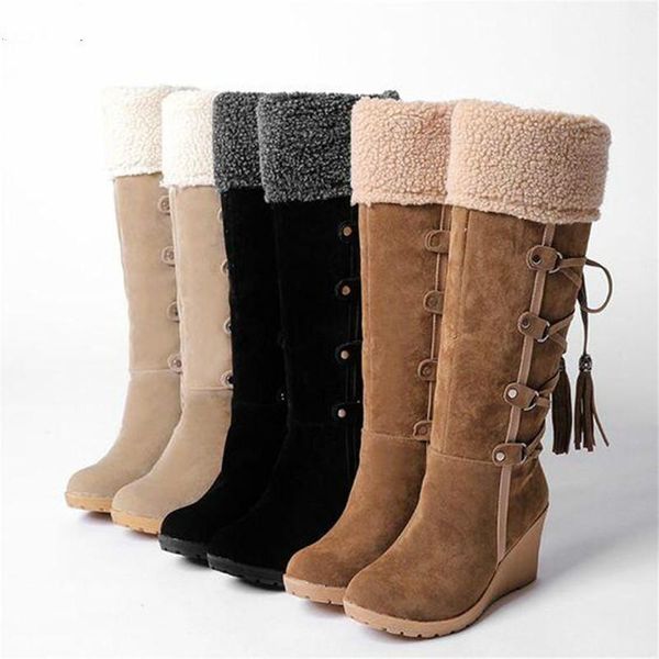 

aq570 large size 43 autumn snow boots wedges keep warm winter boots for women tassel high heel round toe knee high women shoes, Black