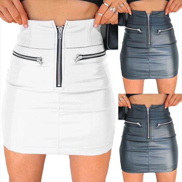 

для женщин юбки сплошной моды высокой талией круг zipper блестящая pu кожа mini short pencil mini юбка 2020 новое прибытие, Black