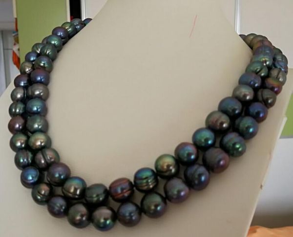

beautiful 2row 11-12 mm tahitian black green pearl necklace 17-18, Silver