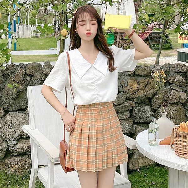 

women's summer shirt blouses mulher blusas large lapel elegant pleated princess female short paragraph doll collar shirts1, White