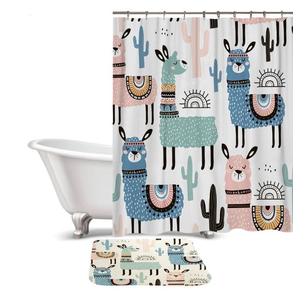 

cute cartoon alpaca pattern polyester waterproof shower curtains with rectangle non-slip floor mat bathroom curtain set