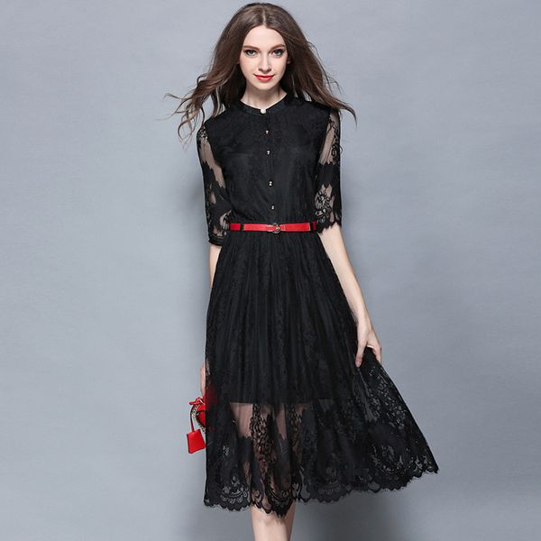 

2021 new elegant new summer dress feminine lace collar thin black casual ladies dressed party wxf900 58at, Black;gray