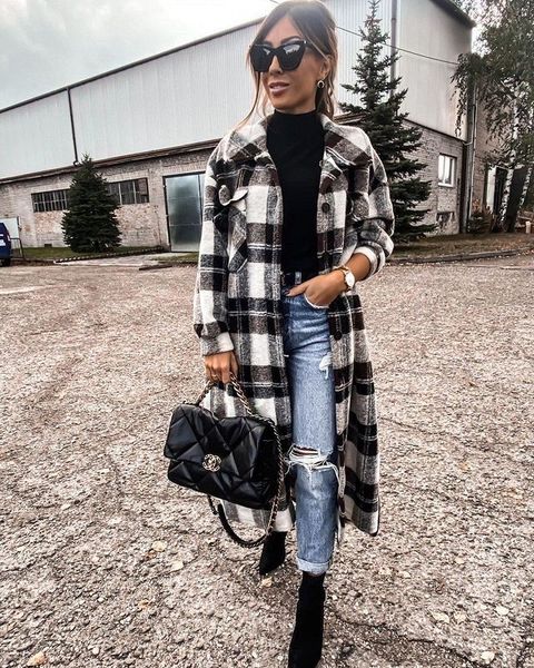 

2021 new womens chic single breasted plaid shirt jackets outwear relaxed coats streetwear xqh2, Black