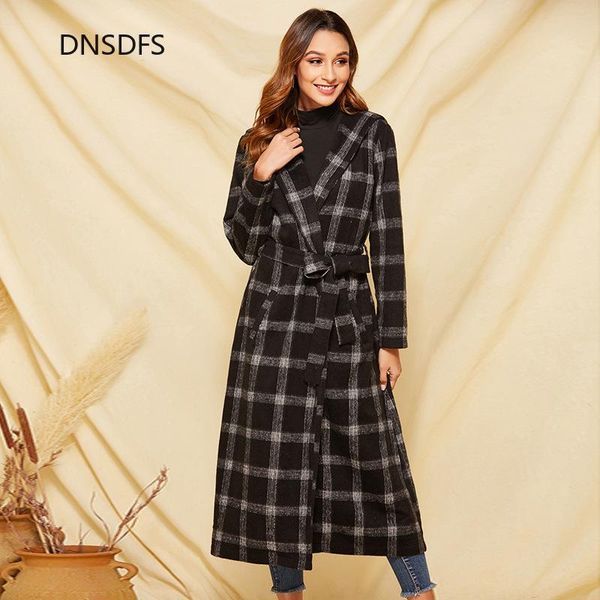 

winter fashion women plaid woolen coats leisure hooded long trench coat office elegant wool black jackets abrigos para mujer