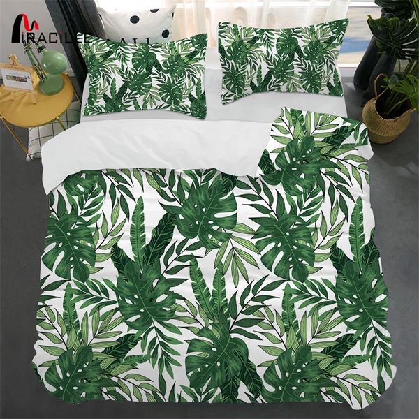 Miracille Tropical Bedging Set Queen Green Blue Leaf Covet Cover Cover Greet Листья Крышка Крышка Ботанические кровати 3 шт. Оптом 201021