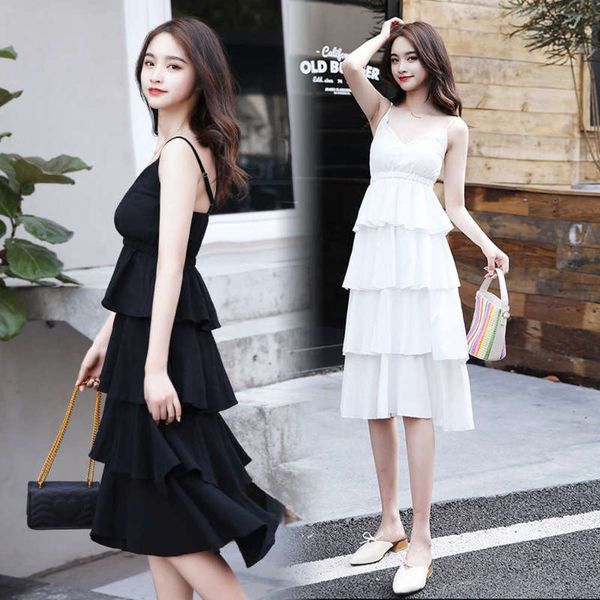 

minority long skirt french chic waist sling holiday fairy cake dress, Black;gray