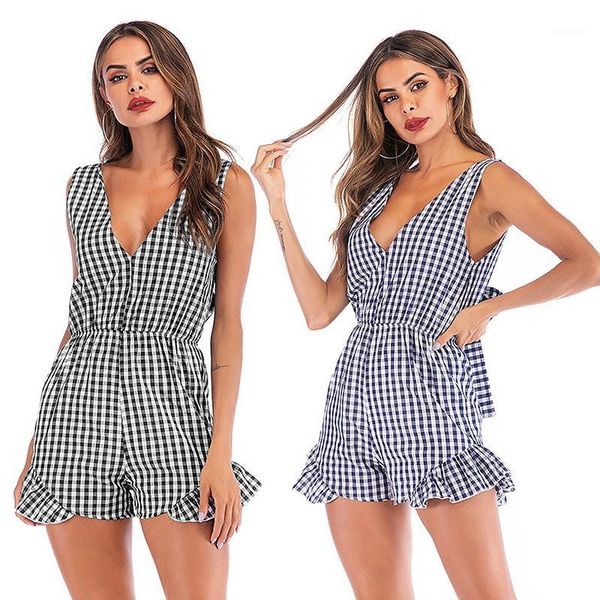 

women slim plaid jumpsuit summer beachwear ruffles playsuit ladies romper1, Black;white