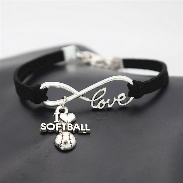 

silver i punk heart charm sport love antique infinity black leather suede bracelet bangles for women men softball team g